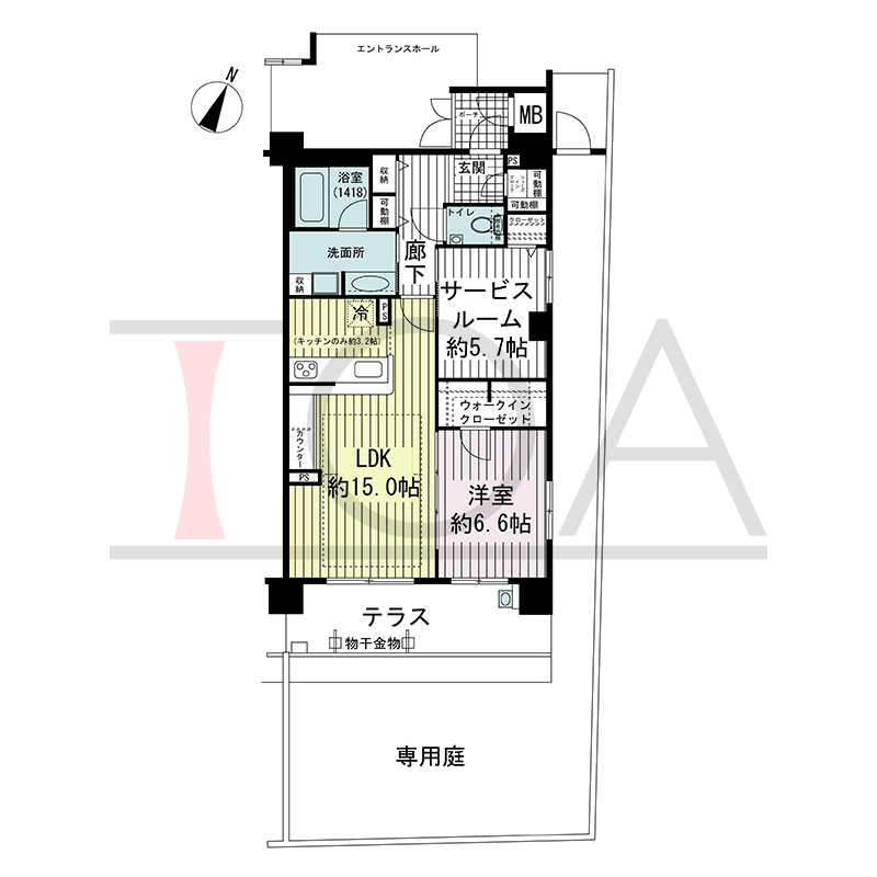 アルファステイツ六甲篠原の間取り図 南東向き角 1LDK+S+W 専有面積69.55m2
ポーチ面積2.32m2
テラス面積11.70m2
専用庭面積41.07m2