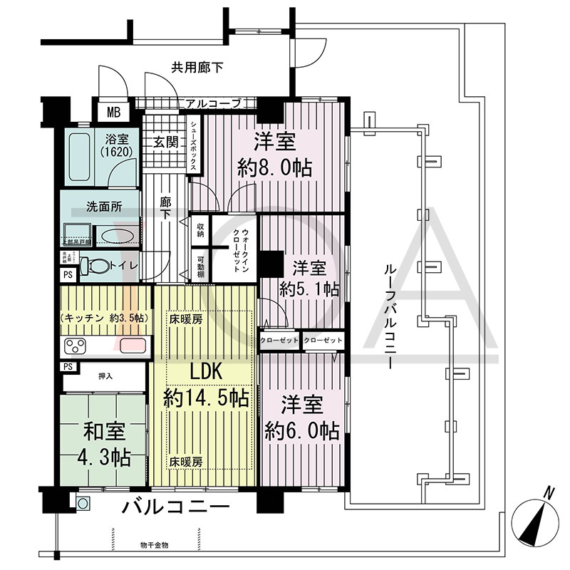 アルファステイツ六甲篠原の間取り図 南東向き角 4LDK+W 専有面積87.88m2
アルコーブ面積1.56m2
バルコニー面積14.76m2
ルーフバルコニー面積28.80m2
