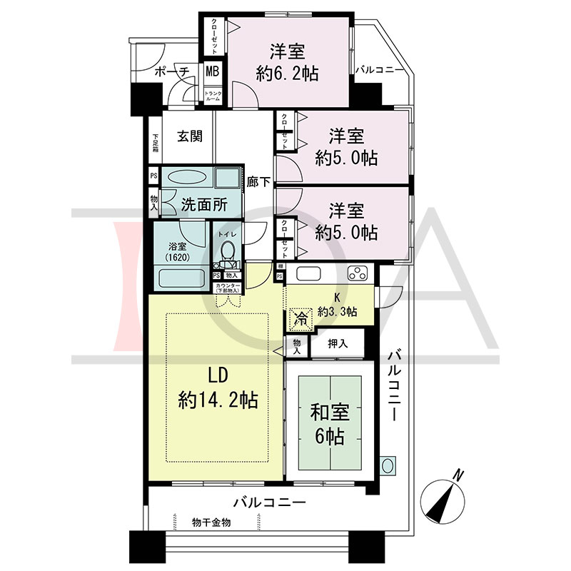 グラン・コート王子公園の間取り図 南東向き角 4LDK 専有面積89.13m2
バルコニー面積23.56m2
ポーチ面積3.64m2