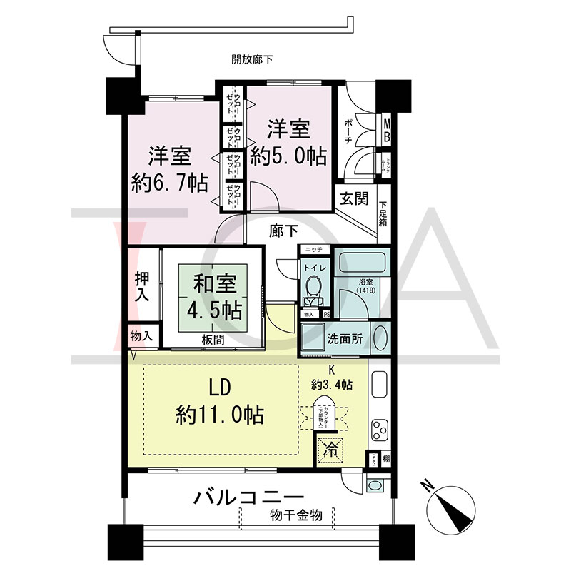 グラン・コート王子公園の間取り図 南東向き 2LDK+F 専有面積71.48m2
バルコニー面積12.54m2
ポーチ面積2.66m2