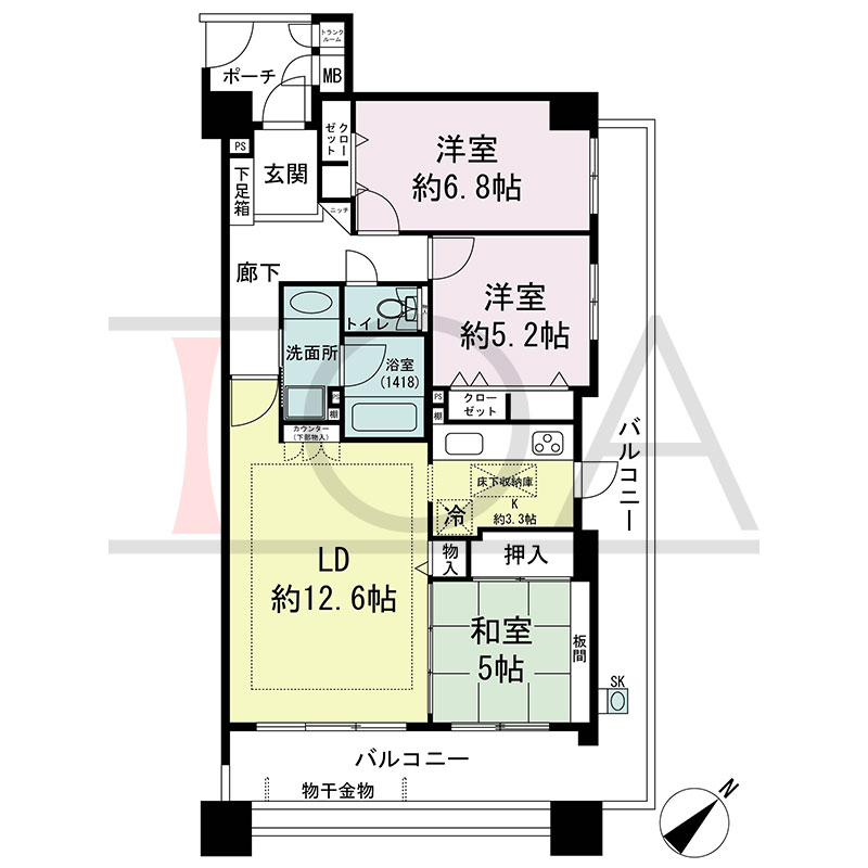 グラン・コート王子公園の間取り図 南東向き角 3LDK 専有面積75.43m2
バルコニー面積25.86m2
ポーチ面積3.64m2