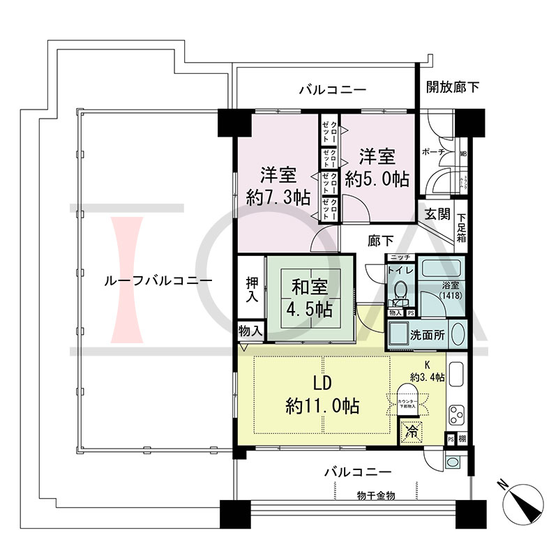 グラン・コート王子公園の間取り図 西向き角 3LDK 専有面積70.00m2
バルコニー面積21.52m2
ポーチ面積3.12m2
ルーフバルコニー面積48.41m2