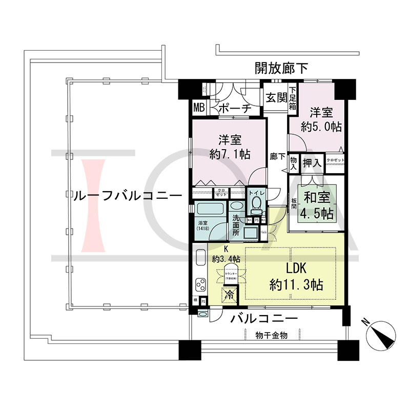 グラン・コート王子公園の間取り図 南西向き角 3LDK 専有面積69.21m2
バルコニー面積13.68m2
ポーチ面積3.75m2
ルーフバルコニー面積58.71m2