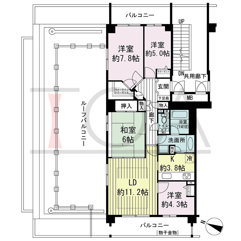 グランステイツ六甲の間取り図 北西向き角 4LDK 専有面積88.66m2
バルコニー面積19.84m2
ルーフバルコニー面積50.98m2