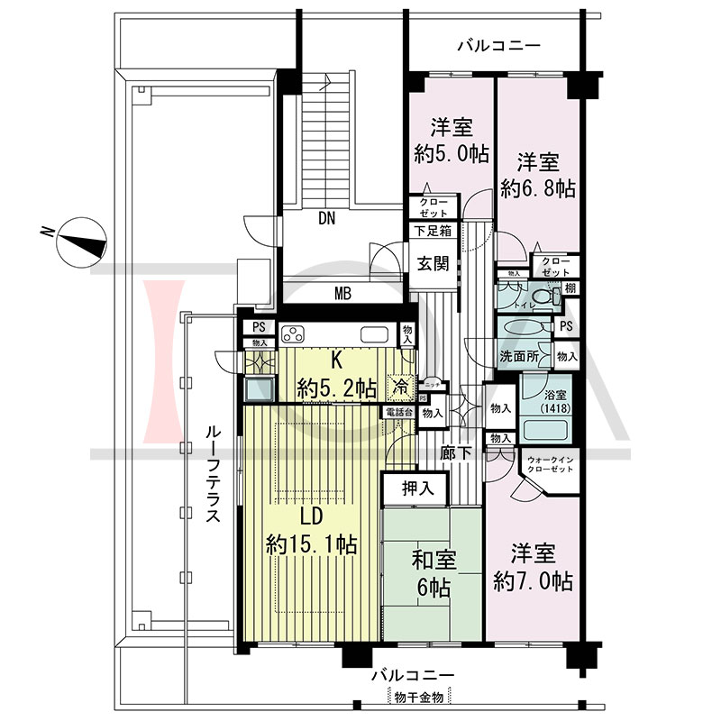 グランステイツ六甲の間取り図 北西向き角 4LDK 専有面積105.98m2
バルコニー面積24.17m2
ルーフテラス面積14.45m2