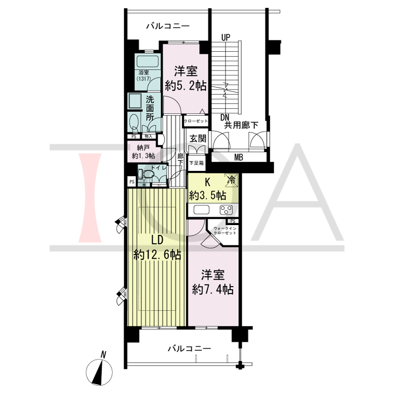 グランステイツ六甲の間取り図 南向き角 2LDK 専有面積68.84m2
バルコニー面積17.38m2