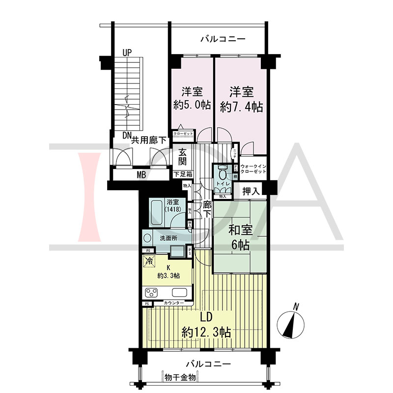 グランステイツ六甲の間取り図 南向き 3LDK 専有面積78.17m2
バルコニー面積18.43m2