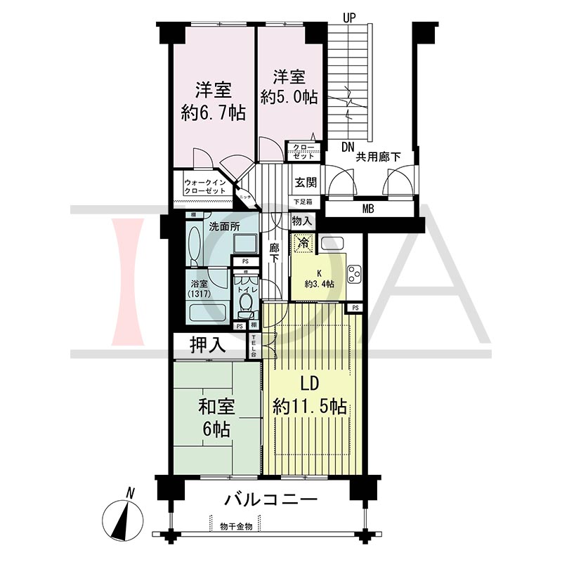 グランステイツ六甲の間取り図 南向き 3LDK 専有面積78.17m2
バルコニー面積18.43m2