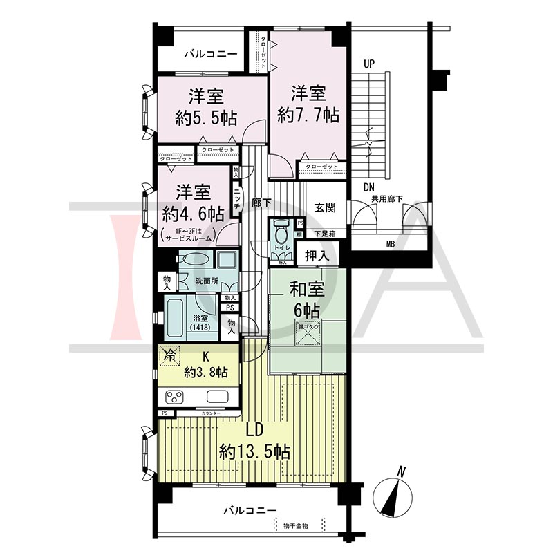 グランステイツ六甲の間取り図 南向き角 4LDK 専有面積94.75m2
バルコニー面積14.97m2
