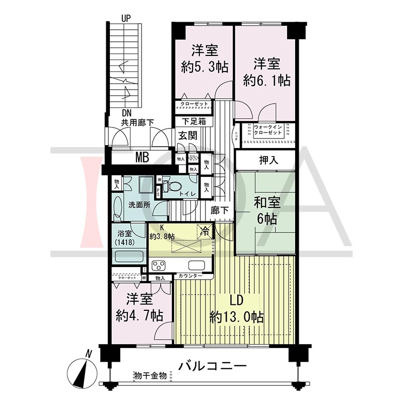 グランステイツ六甲の間取り図 南向き 4LDK 専有面積93.29m2
バルコニー面積12.96m2