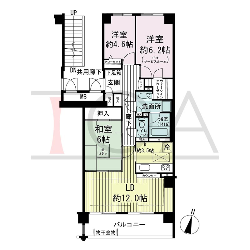 グランステイツ六甲の間取り図 南向き 3LDK 専有面積76.98m2
バルコニー面積10.08m2