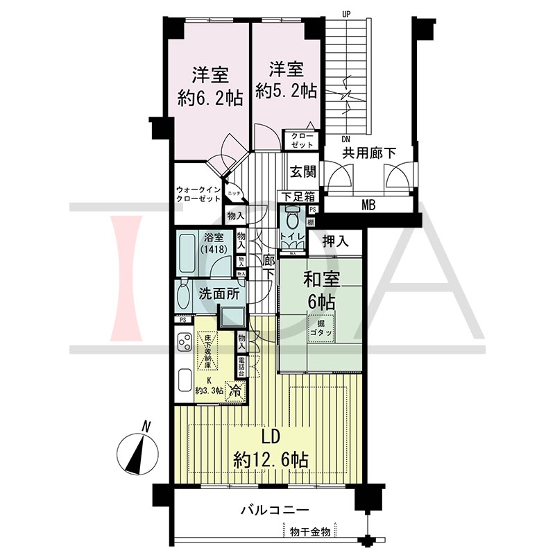 グランステイツ六甲の間取り図 南向き 3LDK 専有面積77.57m2
バルコニー面積9.76m2