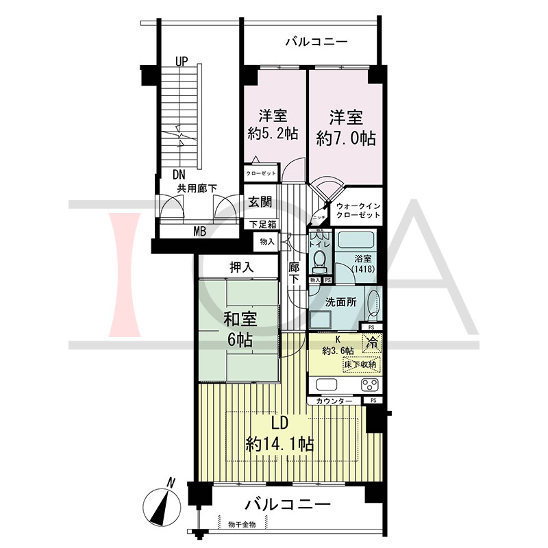 グランステイツ六甲の間取り図 南向き 3LDK 専有面積84.34m2
バルコニー面積17.51m2