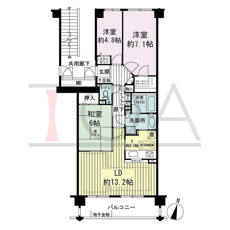 グランステイツ六甲の間取り図 南向き 3LDK 専有面積77.28m2
バルコニー面積9.92m2