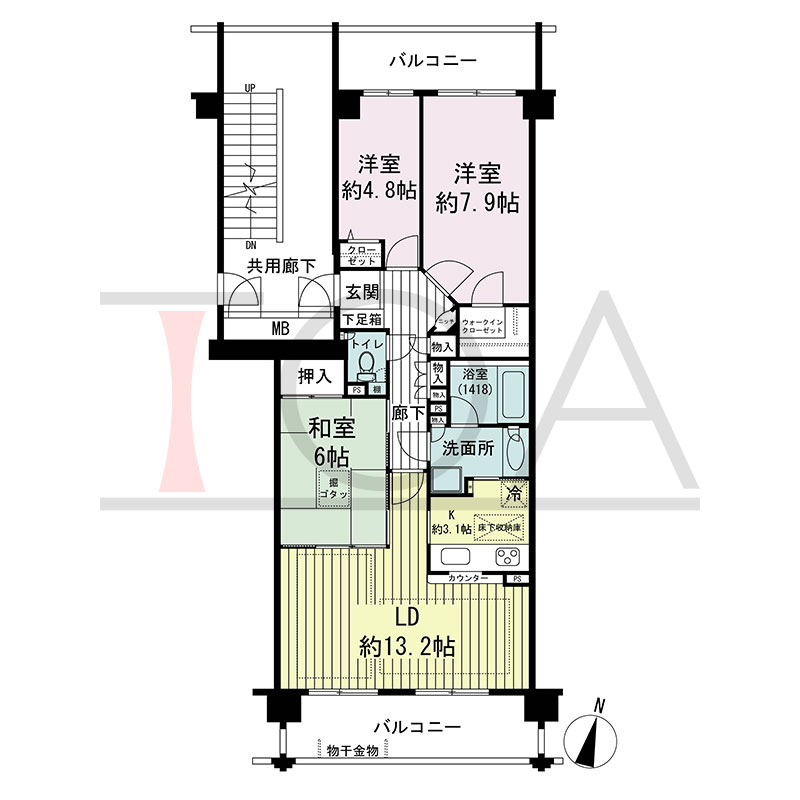 グランステイツ六甲の間取り図 南向き 3LDK 専有面積78.58m2
バルコニー面積17.19m2