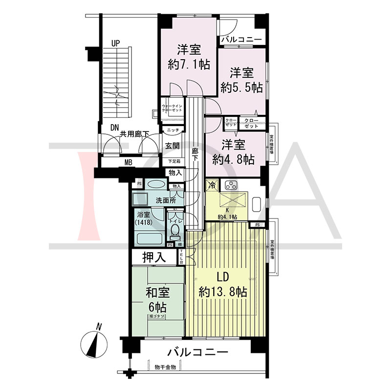 グランステイツ六甲の間取り図 南向き角 4LDK 専有面積92.20m2
バルコニー面積14.39m2
