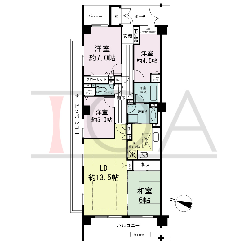 グランステイツ六甲の間取り図 北西向き角 4LDK 専有面積89.43m2
バルコニー面積13.06m2
サービスバルコニー面積12.05m2
ポーチ面積4.65m2