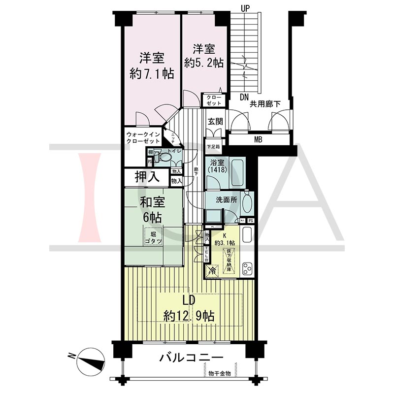 グランステイツ六甲の間取り図 西向き 3LDK 専有面積79.81m2
バルコニー面積9.60m2