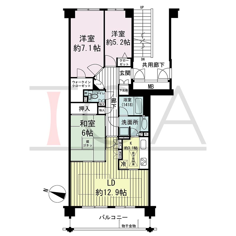 グランステイツ六甲の間取り図 西向き 3LDK 専有面積79.81m2
バルコニー面積9.60m2