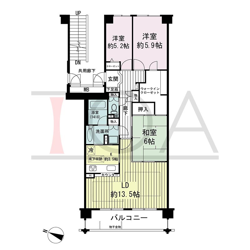 グランステイツ六甲の間取り図 西向き 3LDK 専有面積82.36m2
バルコニー面積10.08m2