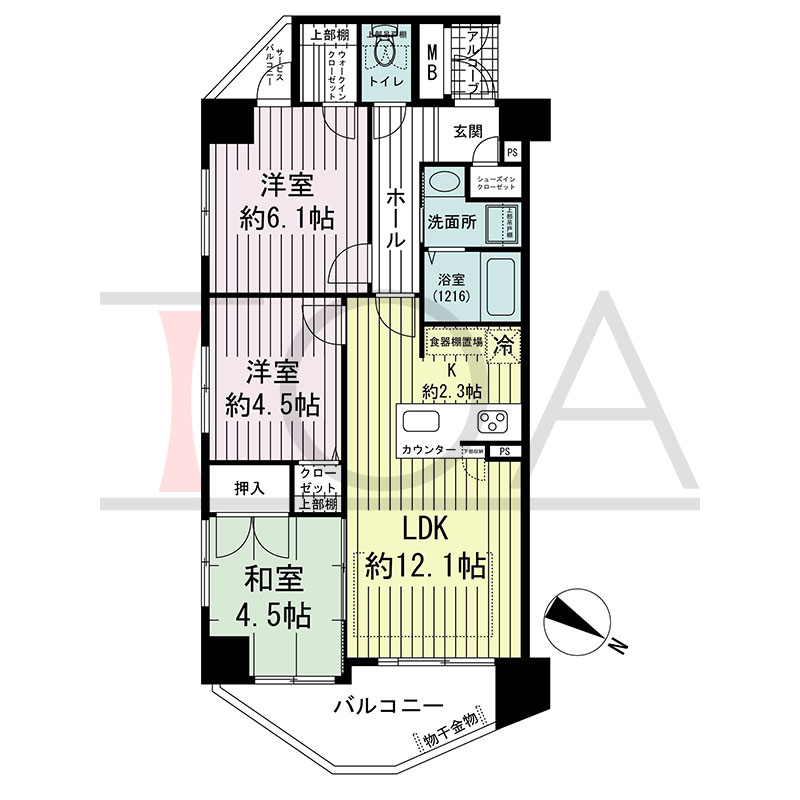 グルーブ王子公園グランウィングの間取り図 北東向き角 3LDK 専有面積60.25m2
バルコニー面積7.04m2
サービスバルコニー面積1.25m2
アルコーブ面積1.46m2