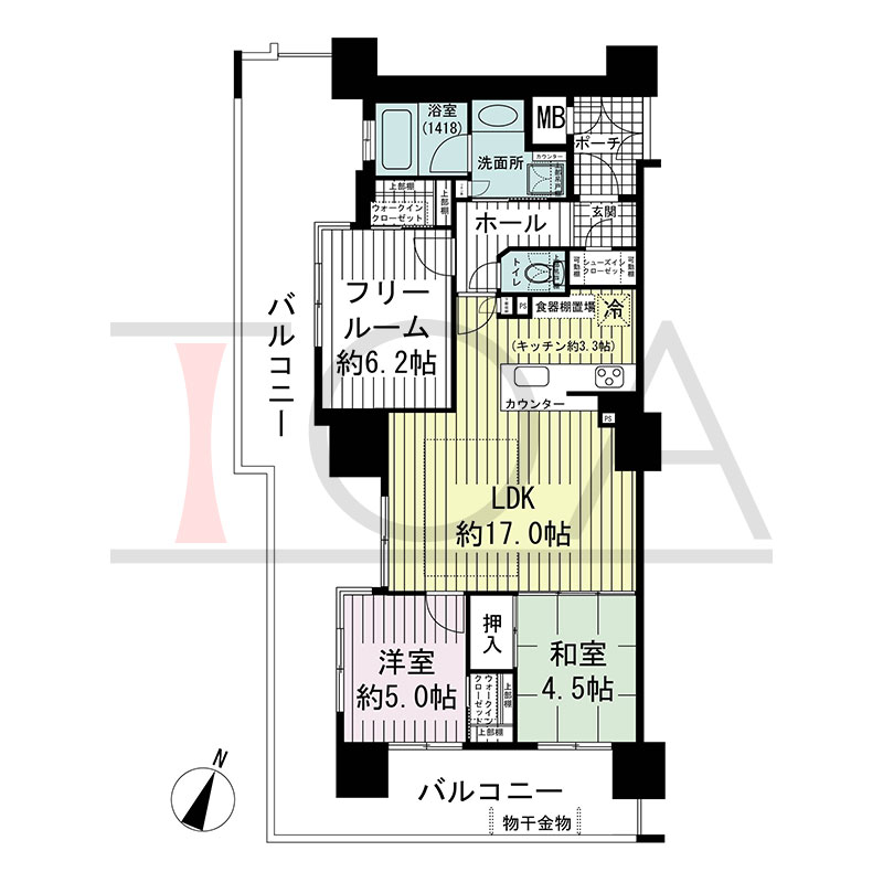 グルーブ王子公園グランウィングの間取り図 西向き角 2LDK+F 専有面積72.00m2
バルコニー面積39.90m2
ポーチ面積2.87m2