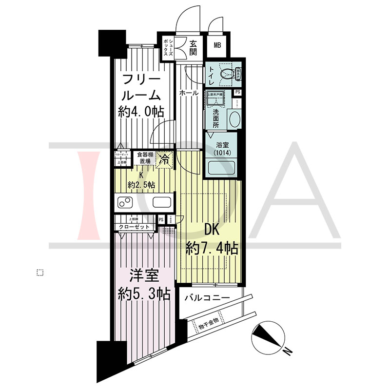 グルーブ王子公園グランウィングの間取り図 北東向き 1DK+F 専有面積37.48m2
バルコニー面積2.97m2