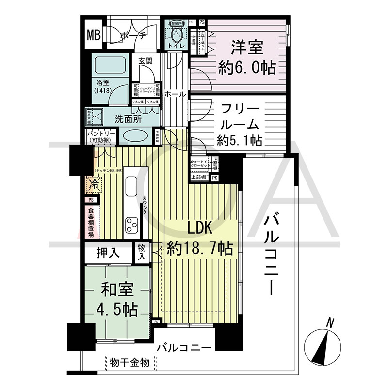 グルーブ王子公園グランウィングの間取り図 南東向き角 2LDK+F 専有面積75.80m2
バルコニー面積25.42m2
ポーチ面積2.74m2