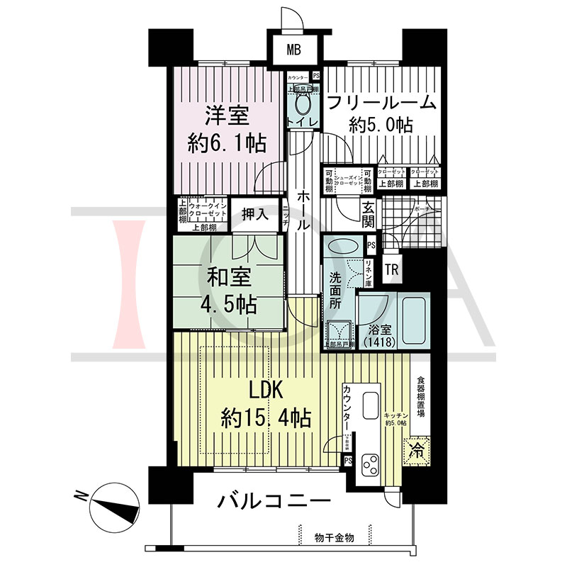 グルーブ王子公園グランウィングの間取り図 西向き 2LDK+F 専有面積70.18m2
バルコニー面積11.53m2
ポーチ面積2.48m2