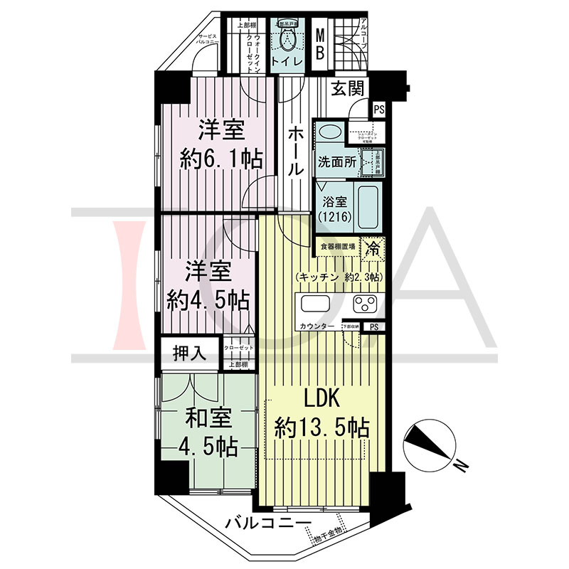 グルーブ王子公園グランウィングの間取り図 北東向き角 3LDK 専有面積62.58m2
バルコニー面積7.11m2
サービスバルコニー面積1.25m2
アルコーブ面積1.46m2