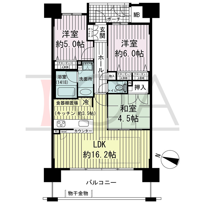 グルーブ王子公園グランウィングの間取り図 西向き 3LDK 専有面積68.26m2
バルコニー面積13.40m2
ポーチ面積3.56m2