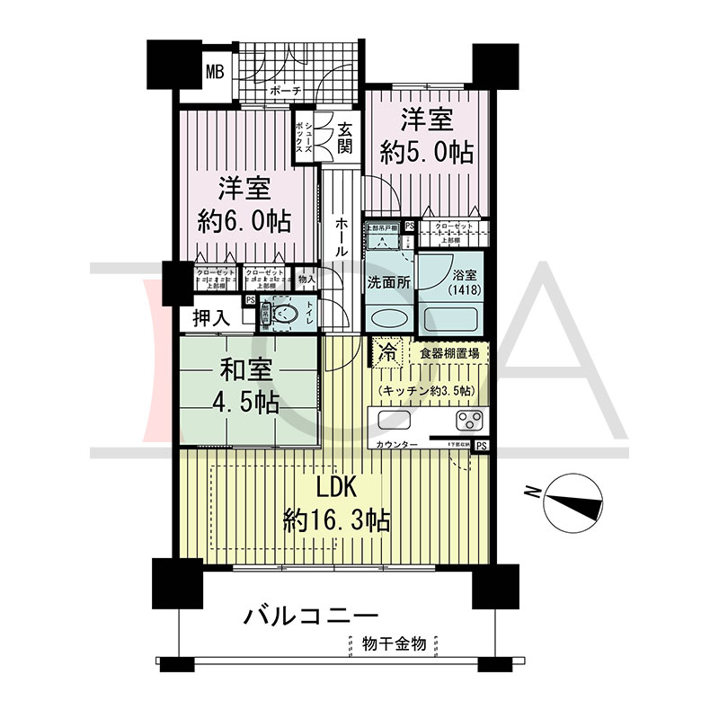 グルーブ王子公園グランウィングの間取り図 西向き 3LDK 専有面積68.97m2
バルコニー面積13.60m2
ポーチ面積3.31m2