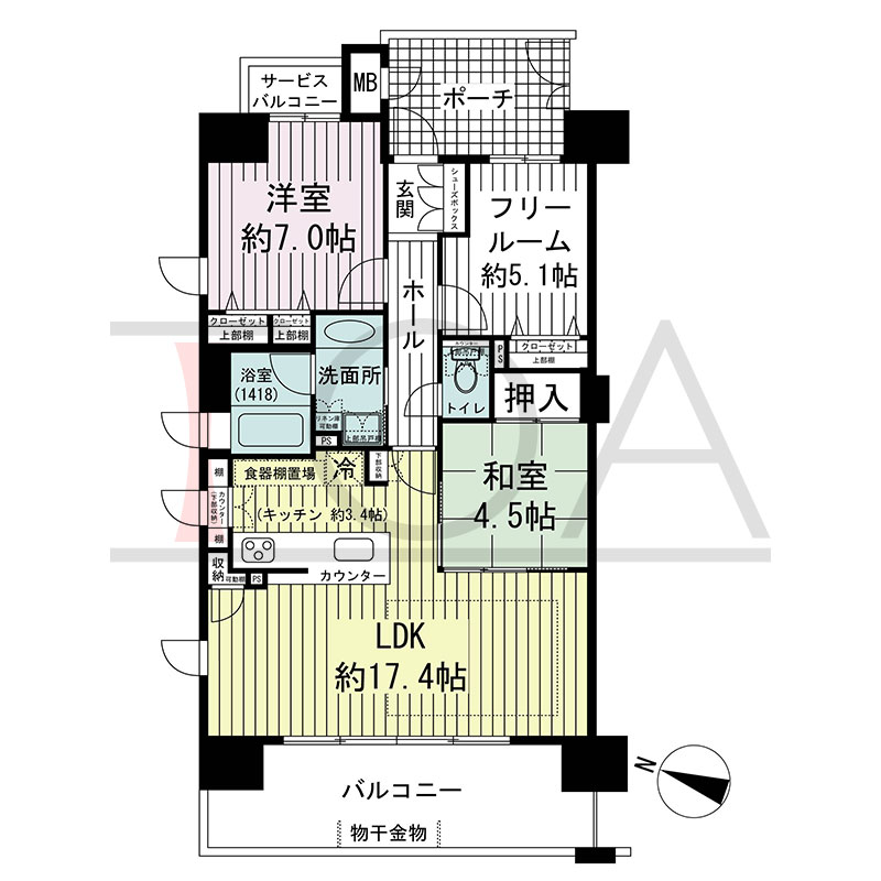 グルーブ王子公園グランウィングの間取り図 西向き角 2LDK+F 専有面積75.61m2
バルコニー面積14.00m2
サービスバルコニー面積1.72m2
ポーチ面積7.19m2