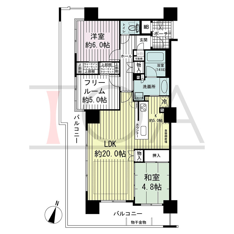 グルーブ王子公園グランウィングの間取り図 南西向き角 2LDK+F 専有面積80.54m2
バルコニー面積30.72m2
ポーチ面積2.97m2