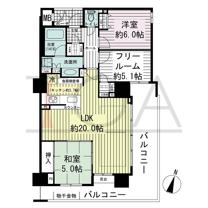 グルーブ王子公園グランウィングの間取り図 南東向き角 2LDK+F 専有面積78.88m2
バルコニー面積22.34m2
ポーチ面積2.74m2
