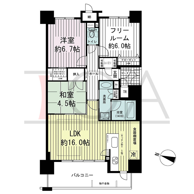 グルーブ王子公園グランウィングの間取り図 西向き 2LDK+F 専有面積73.33m2
バルコニー面積11.03m2
ポーチ面積2.52m2