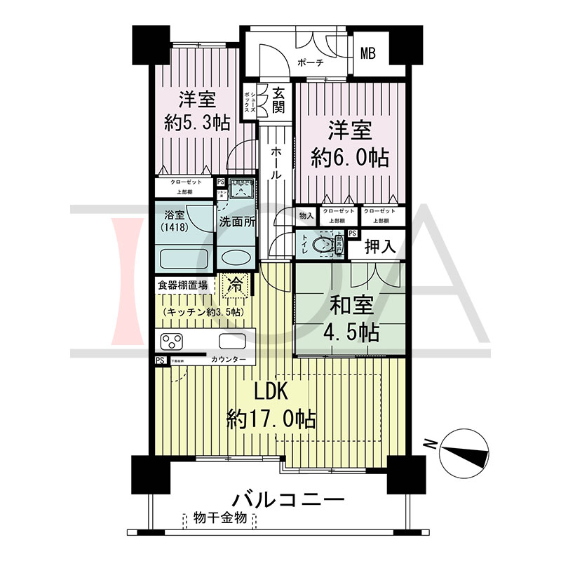 グルーブ王子公園グランウィングの間取り図 西向き 3LDK 専有面積70.01m2
バルコニー面積12.14m2
ポーチ面積3.56m2