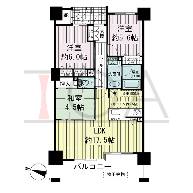 グルーブ王子公園グランウィングの間取り図 西向き 3LDK 専有面積72.02m2
バルコニー面積11.70m2
ポーチ面積3.31m2