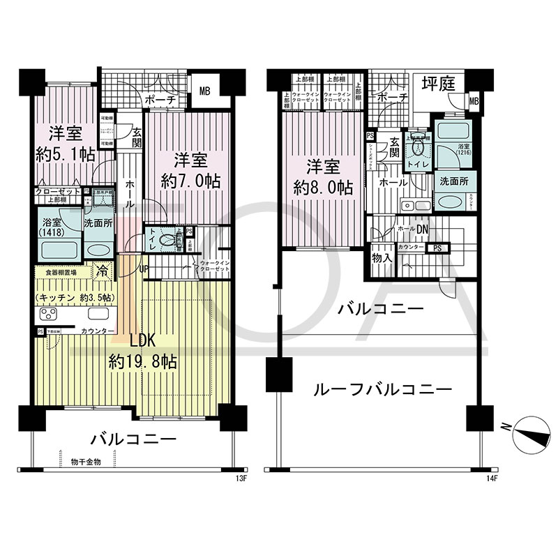 グルーブ王子公園グランウィングの間取り図 西向き 3LDK 専有面積107.41m2
バルコニー面積26.95m2
ルーフバルコニー面積29.48m2
ポーチ面積6.70m2
坪庭面積3.00m2