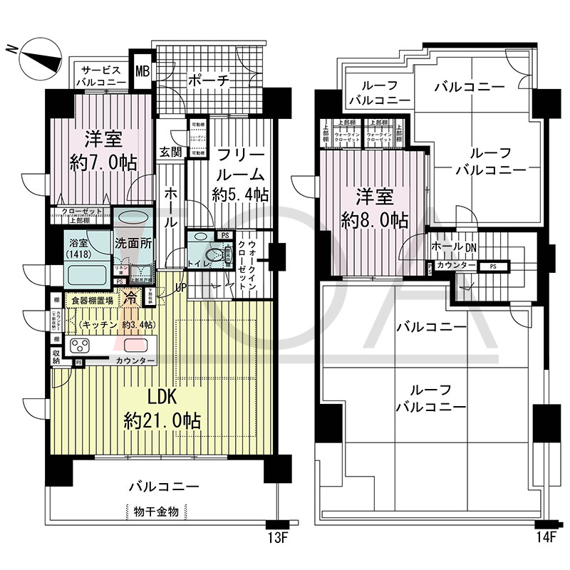 グルーブ王子公園グランウィングの間取り図 西向き角 2LDK+F 専有面積99.71m2
バルコニー面積43.32m2
ルーフバルコニー面積45.97m2
サービスバルコニー面積1.79m2
ポーチ面積7.19m2