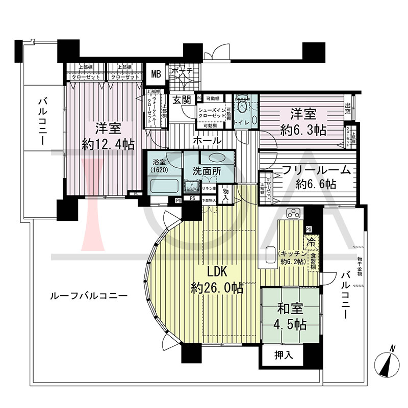 グルーブ王子公園グランウィングの間取り図 南西向き角 3LDK+F 専有面積124.58m2
バルコニー面積33.36m2
ルーフバルコニー面積59.07m2
ポーチ面積2.36m2