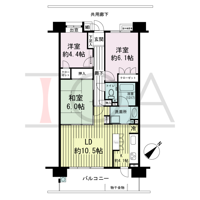 シャリエ六甲道の間取り図 南東向き 3LDK 専有面積69.21m2
バルコニー面積12.06m2
アルコーブ面積2.06m2
