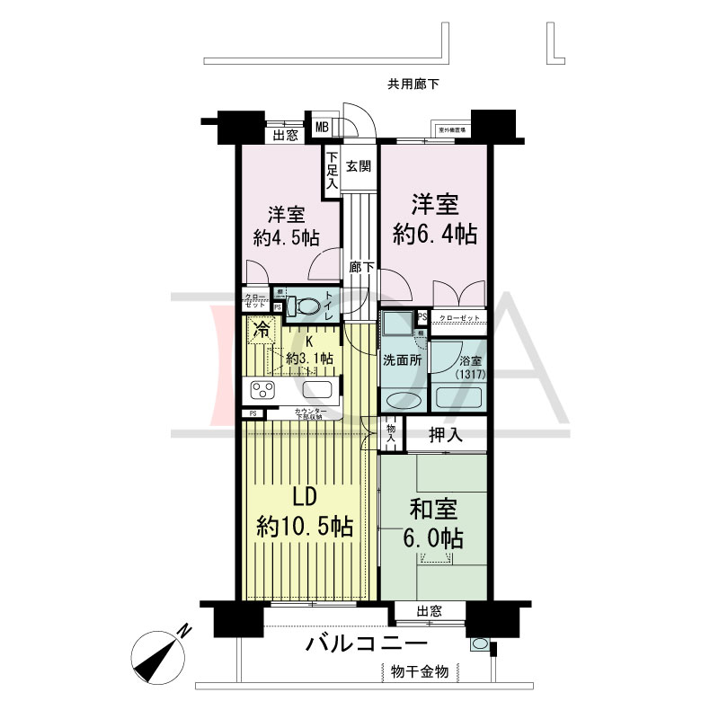 シャリエ六甲道の間取り図 南東向き 3LDK 専有面積65.40m2
バルコニー面積11.40m2
アルコーブ面積1.96m2