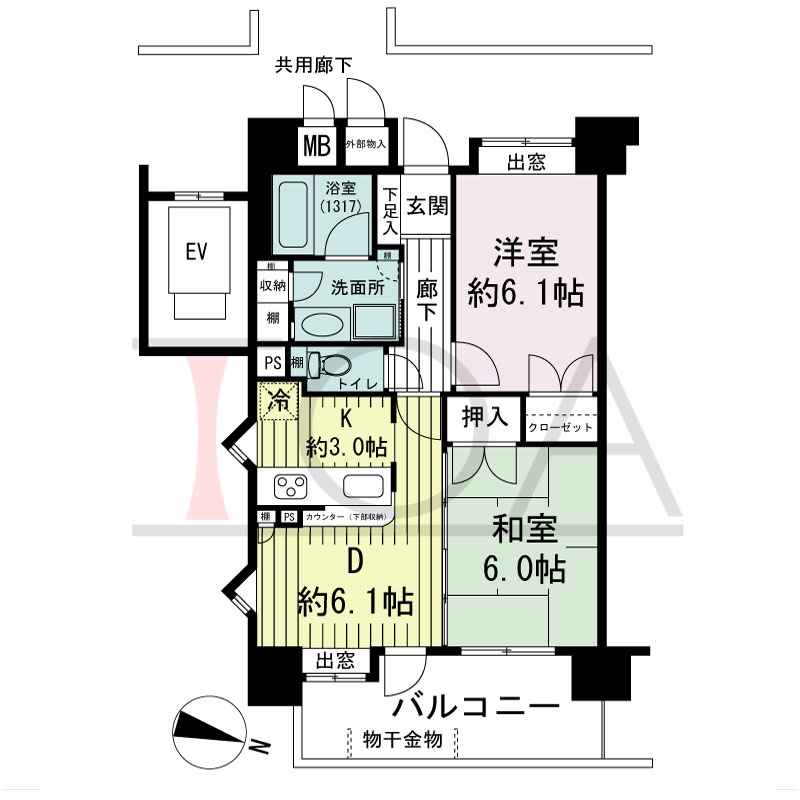シャリエ六甲道の間取り図 東向き角 2DK 専有面積51.07m2
バルコニー面積10.00m2
アルコーブ面積2.07m2