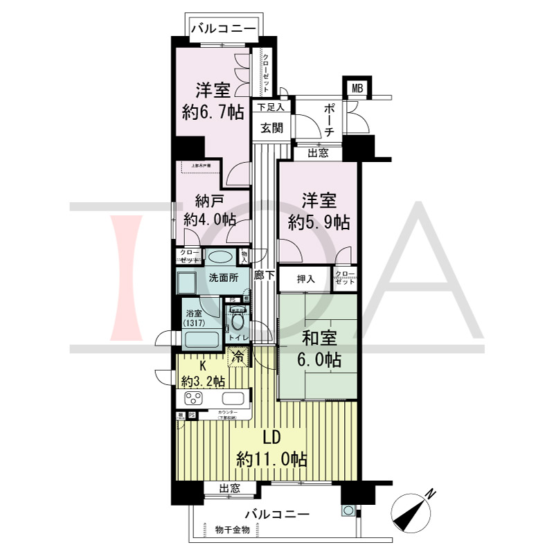 シャリエ六甲道の間取り図 南東向き角 3LDK+S 専有面積81.37m2
バルコニー面積13.09m2
ポーチ面積2.92m2