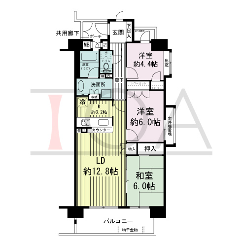 シャリエ六甲道の間取り図 南東向き角 3LDK 専有面積72.63m2
バルコニー面積10.54m2
ポーチ面積2.99m2