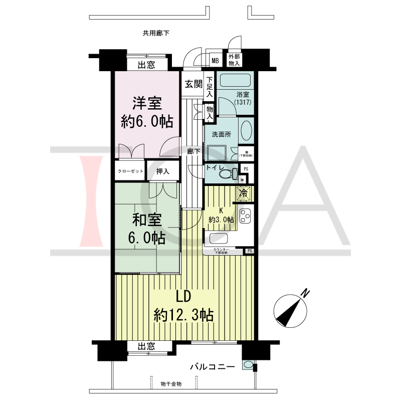 シャリエ六甲道の間取り図 南東向き 2LDK 専有面積62.39m2
バルコニー面積10.73m2
アルコーブ面積1.85m2