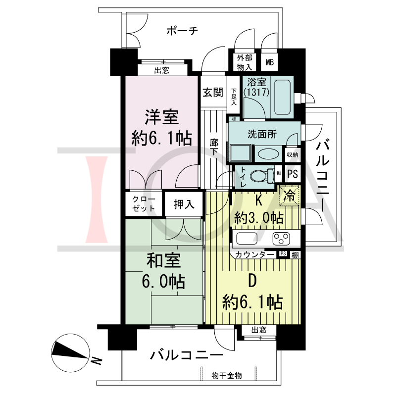 シャリエ六甲道の間取り図 東向き角 2DK 専有面積51.07m2
バルコニー面積15.34m2
ポーチ面積9.17m2