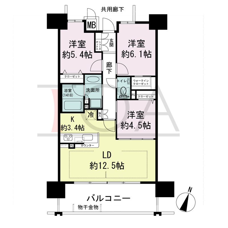 プレミスト六甲道の間取り図 Dtype
南東向き 3LDK+WIC 専有面積70.23m2
バルコニー面積13.20m2
