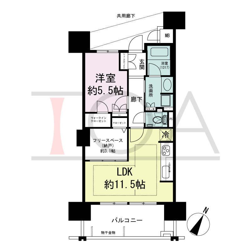 プレミスト六甲道の間取り図 Btype
南東向き 1LDK+F+WIC 専有面積48.50m2
バルコニー面積10.70m2